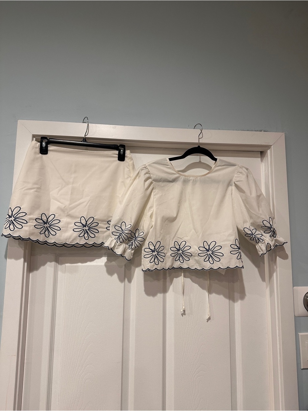 Cream Floral-Embroidered Top and Skirt Set